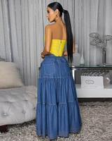 Bruna Dark Denim Blue Tier Maxi Skirt