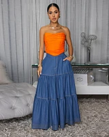 Bruna Dark Denim Blue Tier Maxi Skirt
