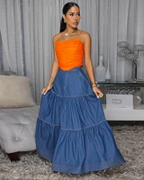 Bruna Dark Denim Blue Tier Maxi Skirt