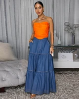 Bruna Dark Denim Blue Tier Maxi Skirt