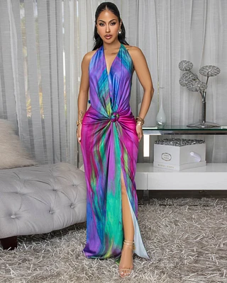 Nimane Multi-Color Knot Front Halter Maxi  Dress