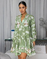 Miku Olive Green White Print Shirt Dress