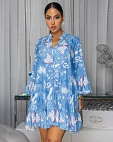 Miku Blue White Print Shirt Dress