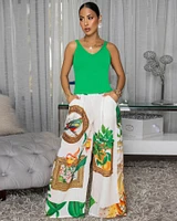 Antoney Cream Green Floral Print Linen Pants