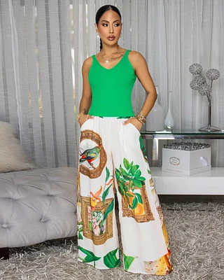 Antoney Cream Green Floral Print Linen Pants