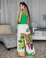 Antoney Cream Green Floral Print Linen Pants