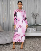Lorna Pink Print Mesh Long Sleeves Dress