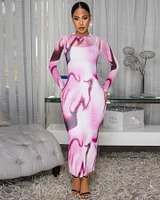 Lorna Pink Print Mesh Long Sleeves Dress