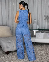 Emberley Blue Crochet Cut-Out Jumpsuit