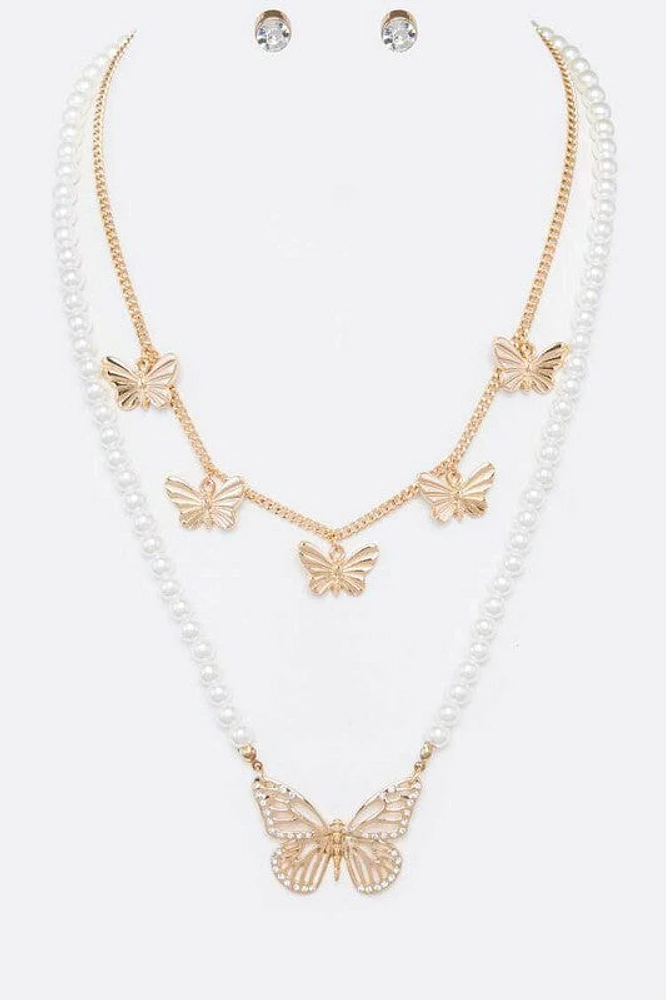 *Capri Gold Multi Layer Pearl & Butterfly Embellished Necklace Set