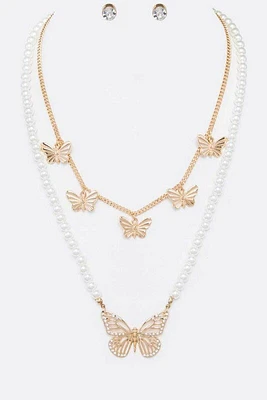 Capri Gold Multi Layer Pearl & Butterfly Embellished Necklace Set