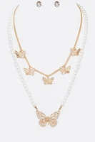 *Capri Gold Multi Layer Pearl & Butterfly Embellished Necklace Set