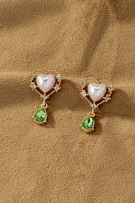 Raya Heart Studs with Pearl and Gree Gemstones