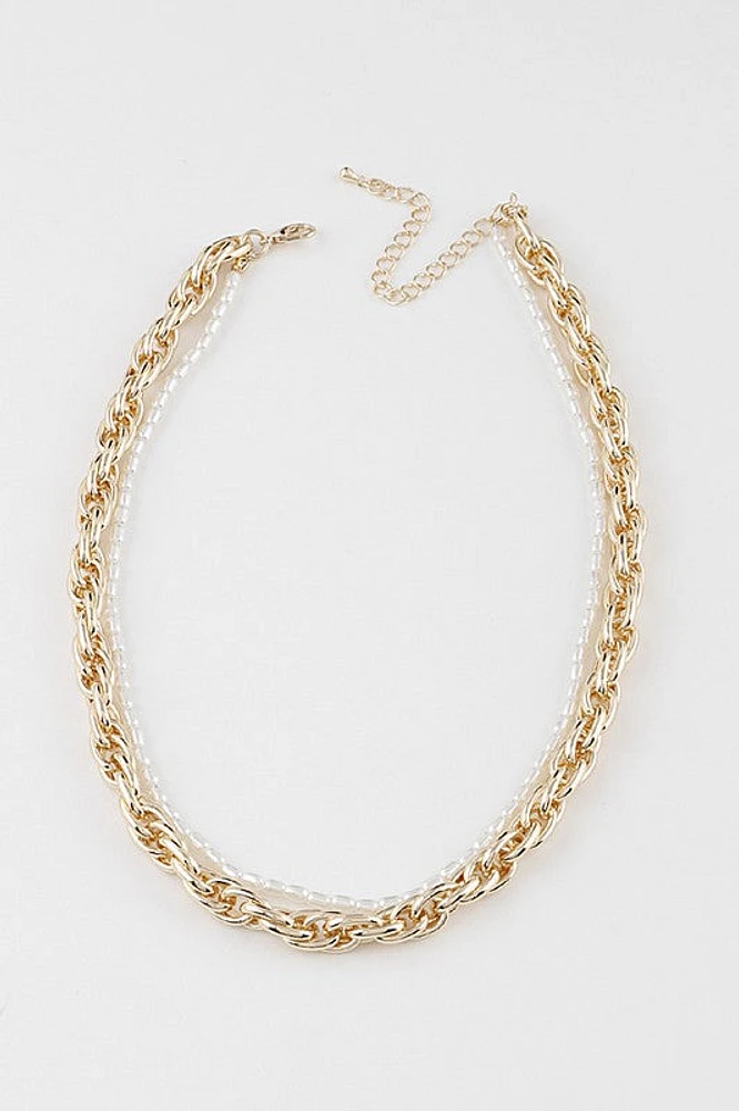 Amina Gold Double Layer Bead and Chain Necklace