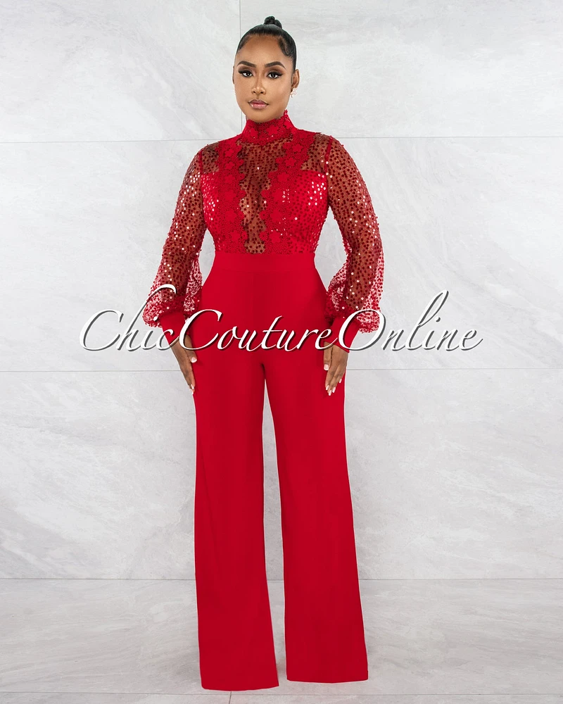 *Nigelia Red Net Sequins Crochet Top Jumpsuit