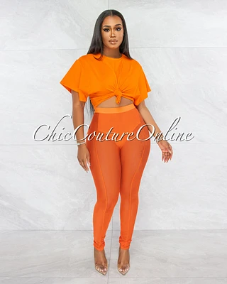 *Cherie Orange Tie Crop Top & Mesh Leggings Set