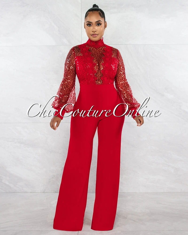 *Nigelia Red Net Sequins Crochet Top Jumpsuit