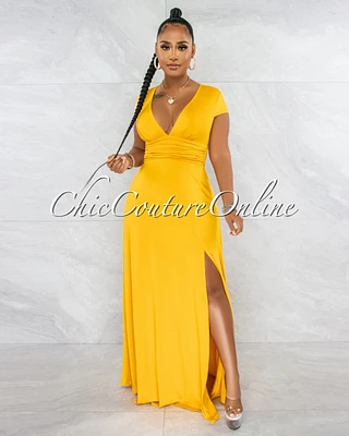 Styx Mustard Draped Waistband Maxi Slit Dress