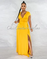 Styx Mustard Draped Waistband Maxi Slit Dress