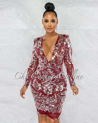 *Jimee Burgundy Silver Sequins Drape Midi Dress