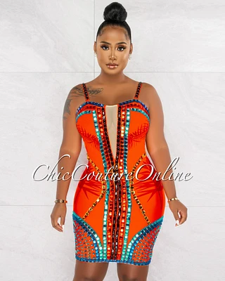 *Patrina Orange Multi-Color Rhinestones Bandage Dress