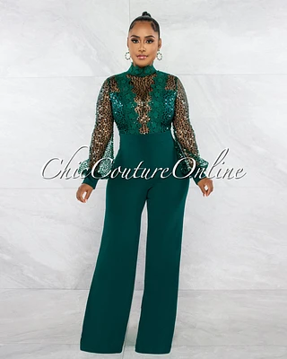 *Nigelia Hunter Green Net Sequins Crochet Top Jumpsuit