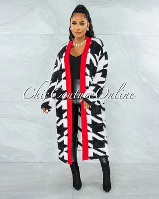 Rehab Black White Red Houndsthooth Print Faux Fur Cardigan