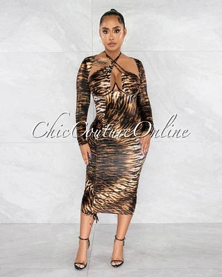 *Camaria Brown Tiger Print Shimmer Ruched Midi Dress