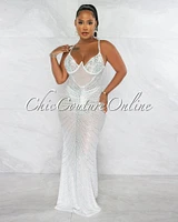 *Narmada White Mesh Sheer Rhinestones Maxi Dress