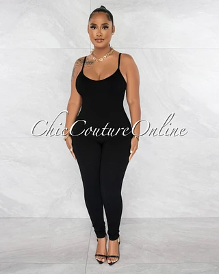 Petal Black Ribbed BodyCon Jumpsuit