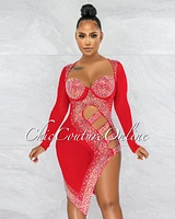 *Damaris Red Rhinestones Mesh Cut Out Dress