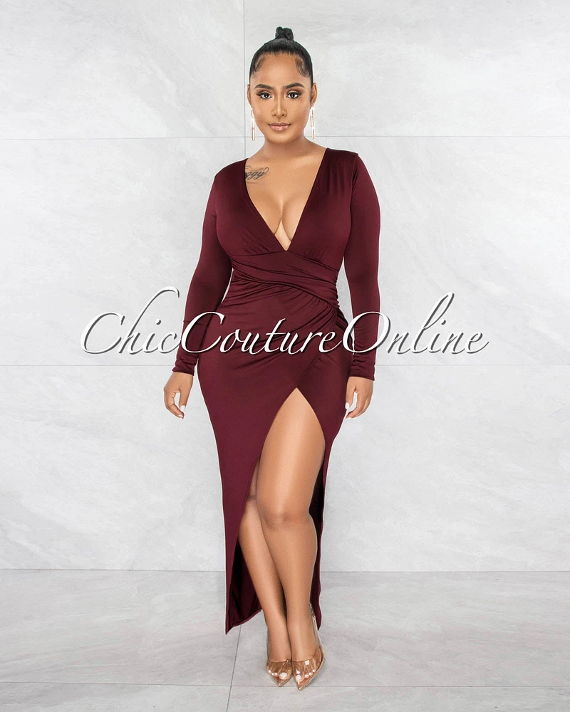 *Meridian Wine V-Neck Draped Waist Front Slit Dress