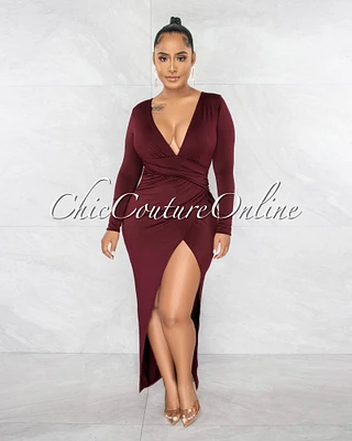 *Meridian Wine V-Neck Draped Waist Front Slit Dress