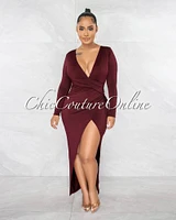 *Meridian Wine V-Neck Draped Waist Front Slit Dress