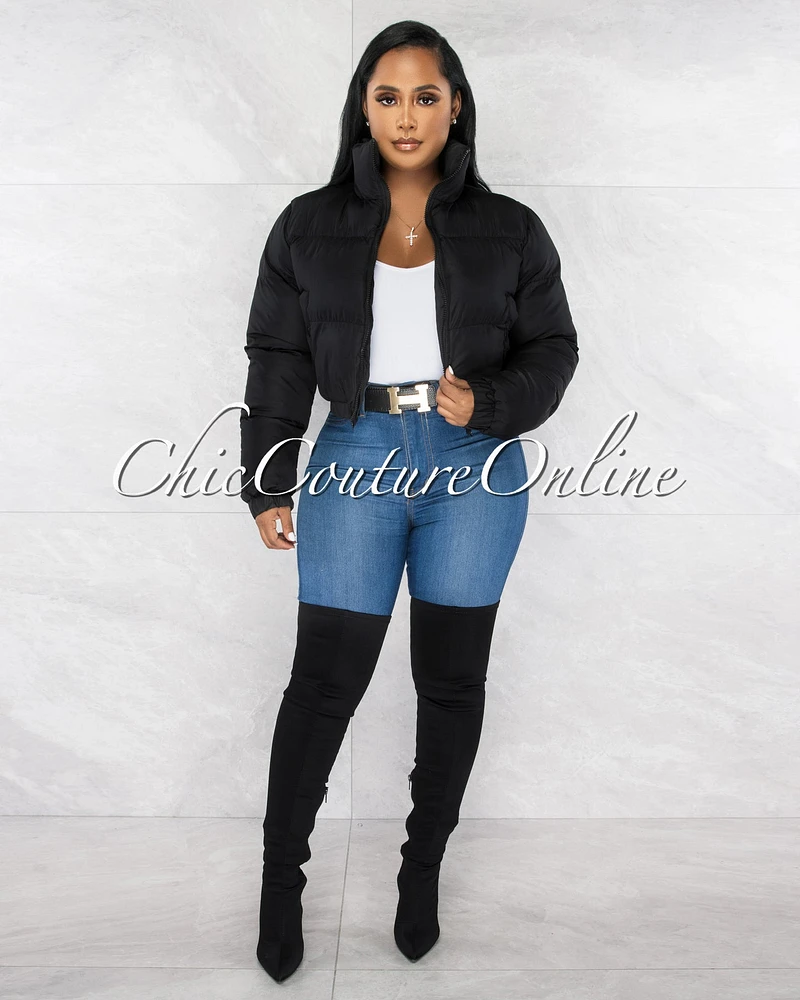 Alexa Black Puffy Bomber Jacket