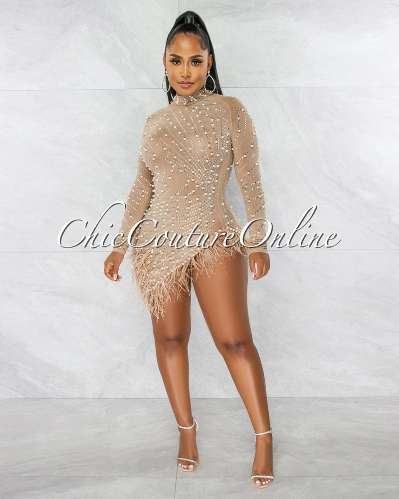 *Rhesa Nude Rhinestones Pearls & Feathers Mesh Mini Dress