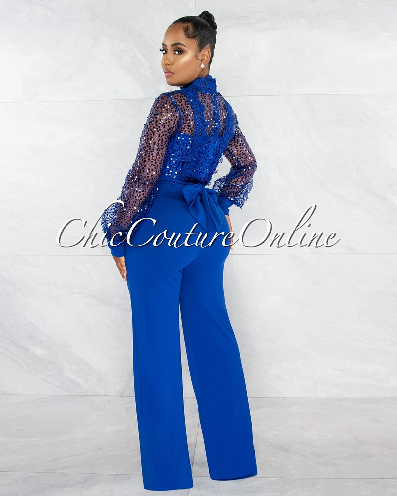 *Nigelia Royal Blue Net Sequins Crochet Top Jumpsuit