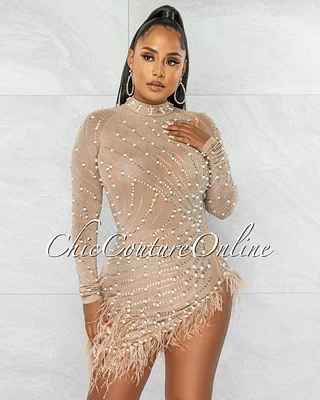 Rhesa Nude Rhinestones Pearls & Feathers Mesh Mini Dress