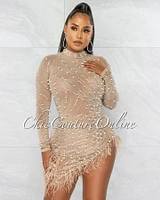 *Rhesa Nude Rhinestones Pearls & Feathers Mesh Mini Dress