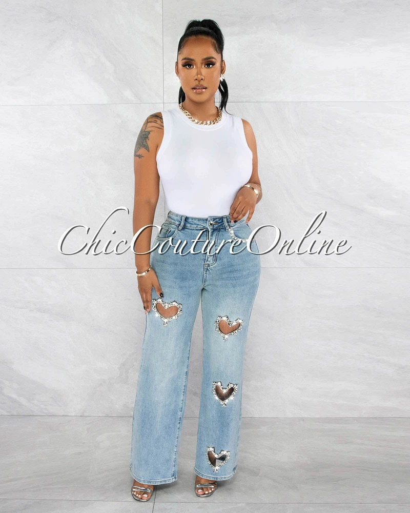 Crislet Washed Denim Rhinestones Heart Key-Hole Jeans