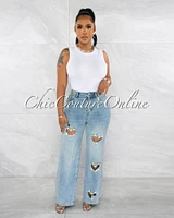 Crislet Washed Denim Rhinestones Heart Key-Hole Jeans