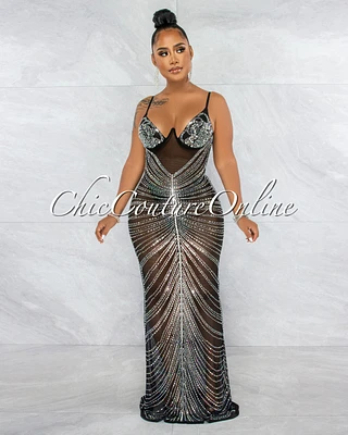 Narmada Mesh Sheer Rhinestones Maxi Dress