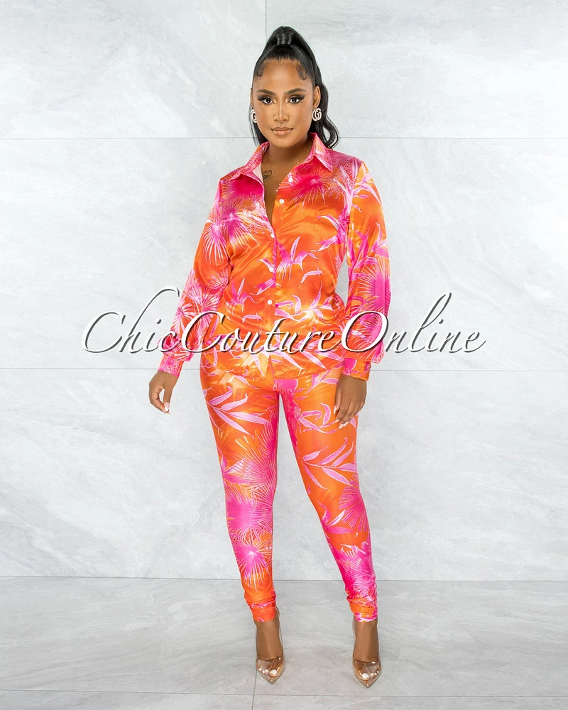 Dabney Orange Palm Print Satin Shirt & Leggings Set