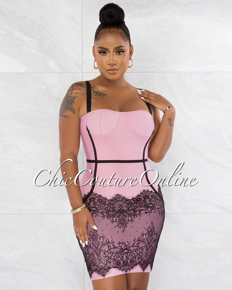 *Earvin Pink Black Trim Lace Hem Bandage Dress