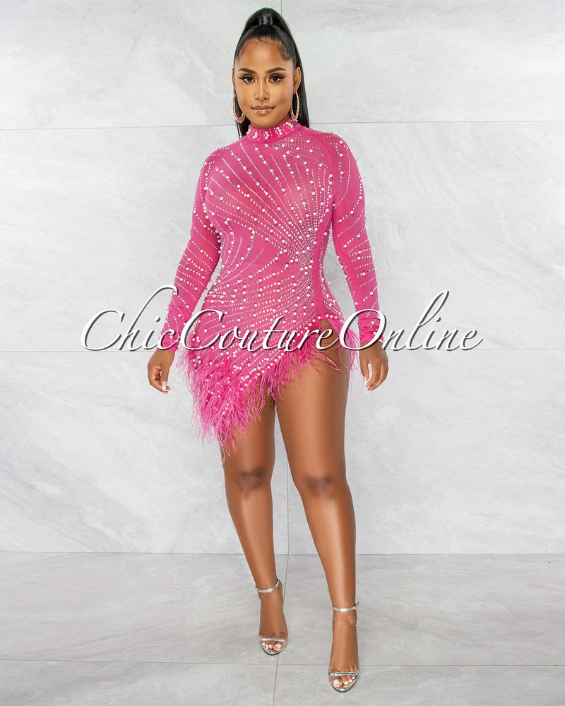 *Rhesa Bubblegum Pink Rhinestones Pearls & Feathers Mesh Mini Dress