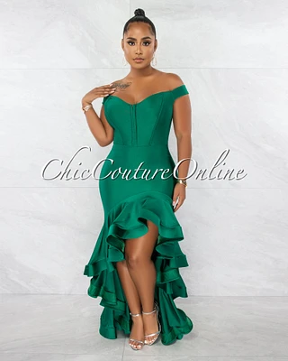 *Dexter Green Corset Style Ruffle Statement Hi-Lo Gown