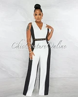 Loreana Black White Two-Tone Gold Link Belt Luxe Jumpsuit