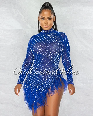 Rhesa Royal-Blue Rhinestones Pearls & Feathers Mesh Mini Dress