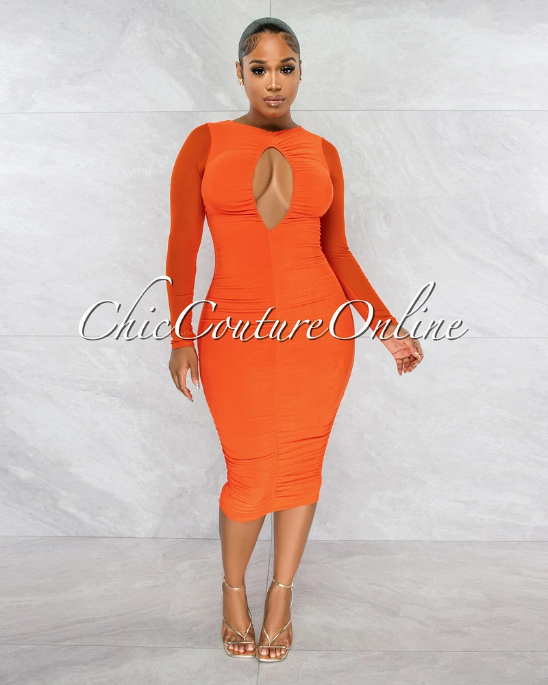 *Cardinal Orange Mesh Front Key-Hole Midi Ruched Dress