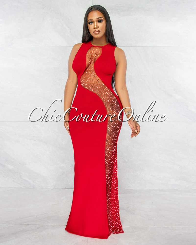 *Tamayo Red Mesh Silver Rhinestones Maxi Dress